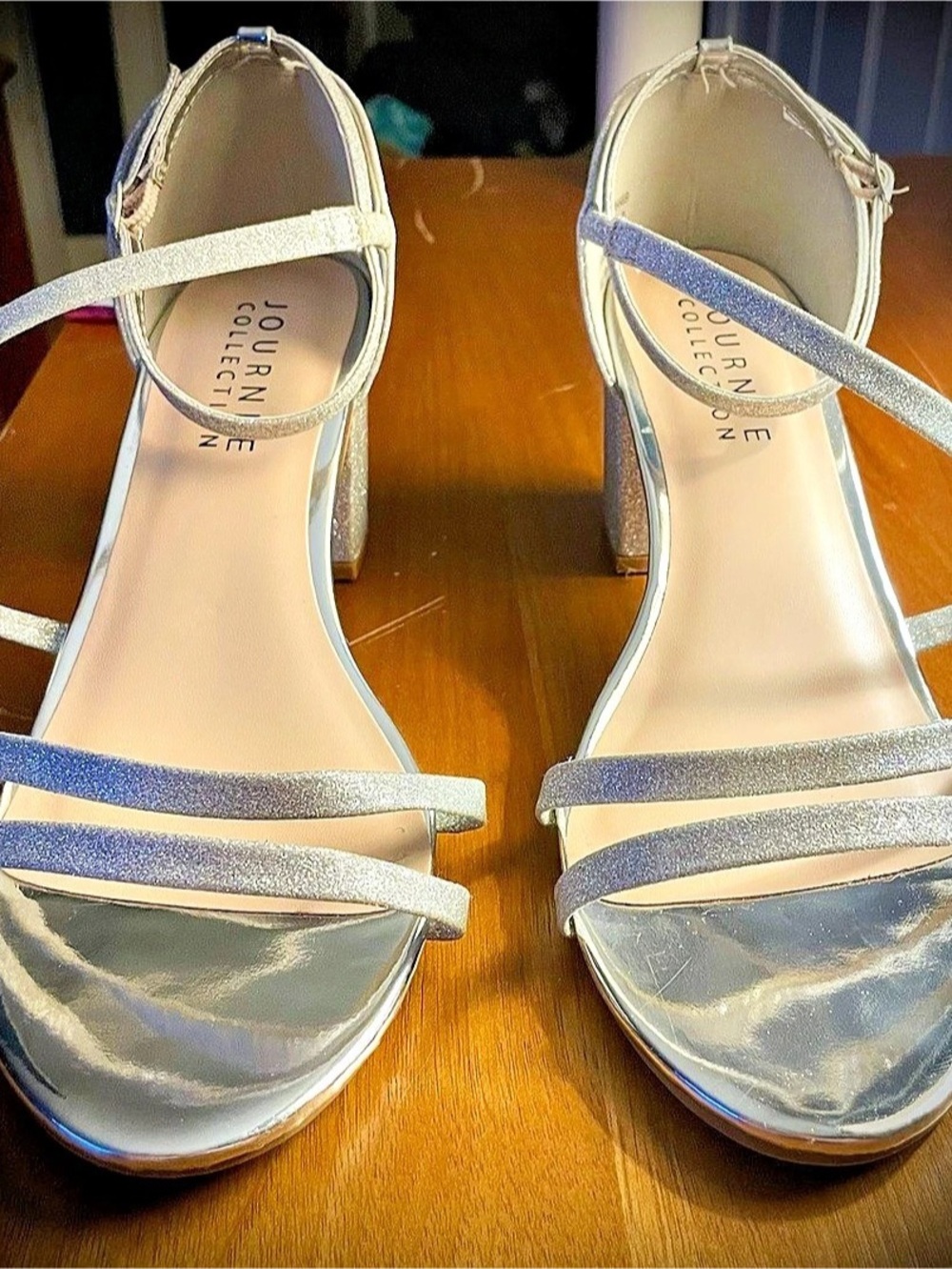 Journee Collection Bella Glitter Block Heel Sandal Silver US 9W wide width